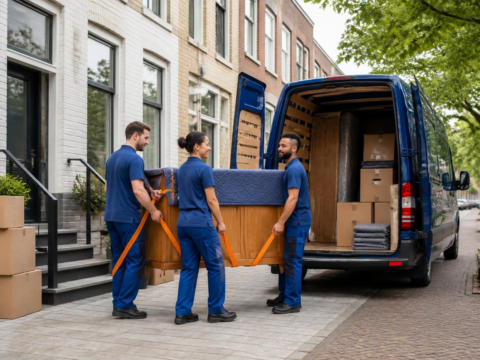 Professionele verhuisploeg draagt een beschermde kast naar een blauwe verhuiswagen