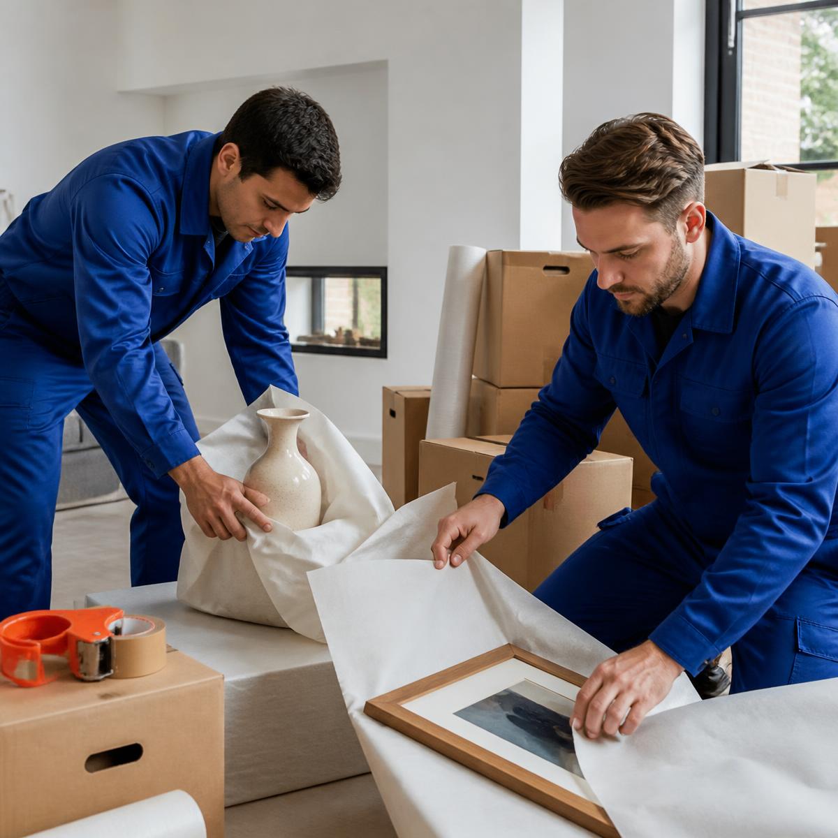 Professionele verhuizers pakken breekbare spullen zorgvuldig in